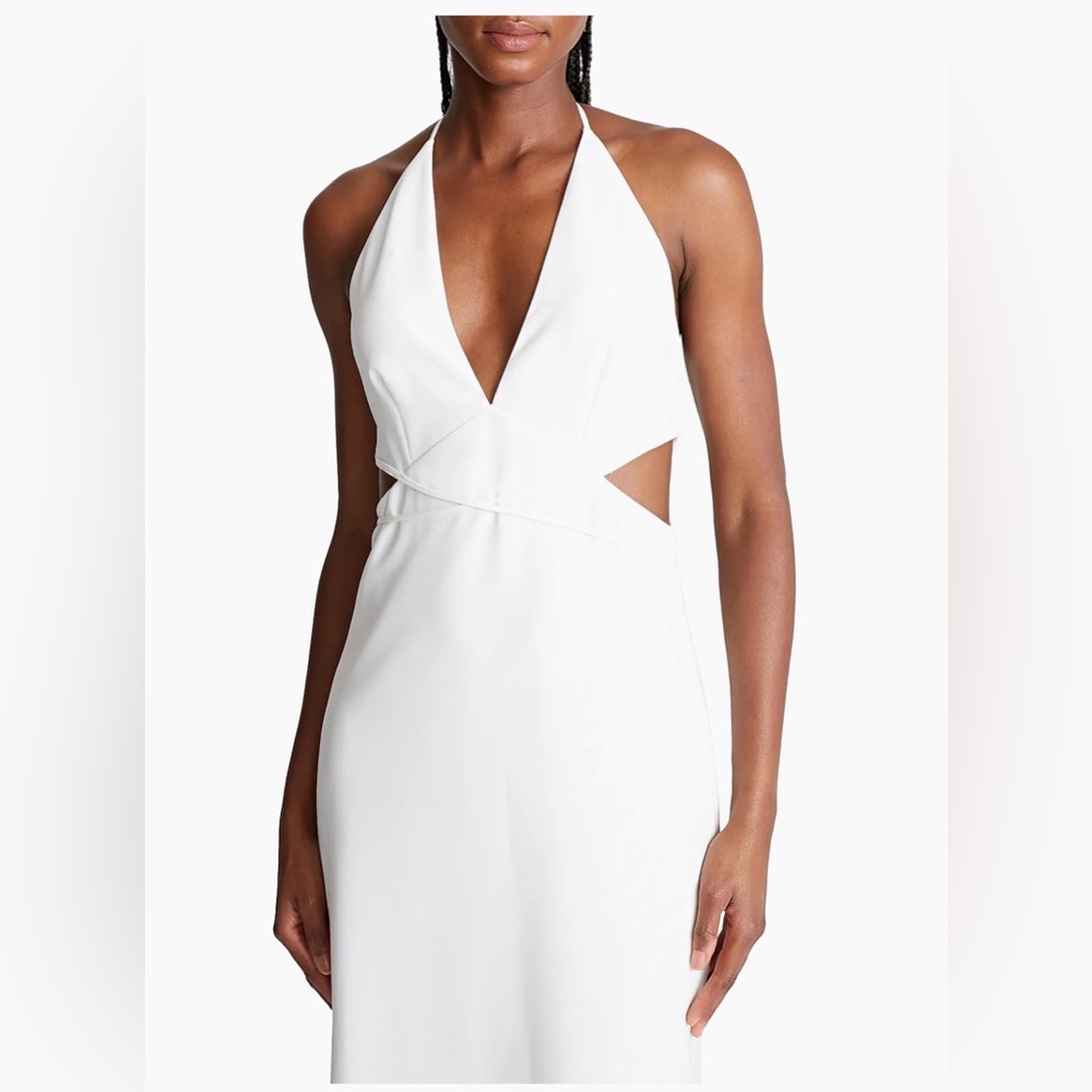 Halston Kailey Halter White V-Neck Backless Cutout Midi Dress Sleevless NWT | 8 - Picture 4 of 10